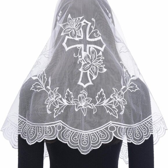 Catholic Church Veil Women Lace Chapel D Shaped Floral Cross Embroidered - Picture 1 of 6